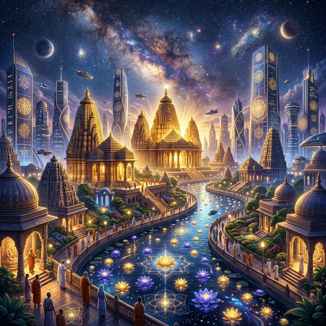 The Dharmic Future — Futuristic Spiritual Cityscape